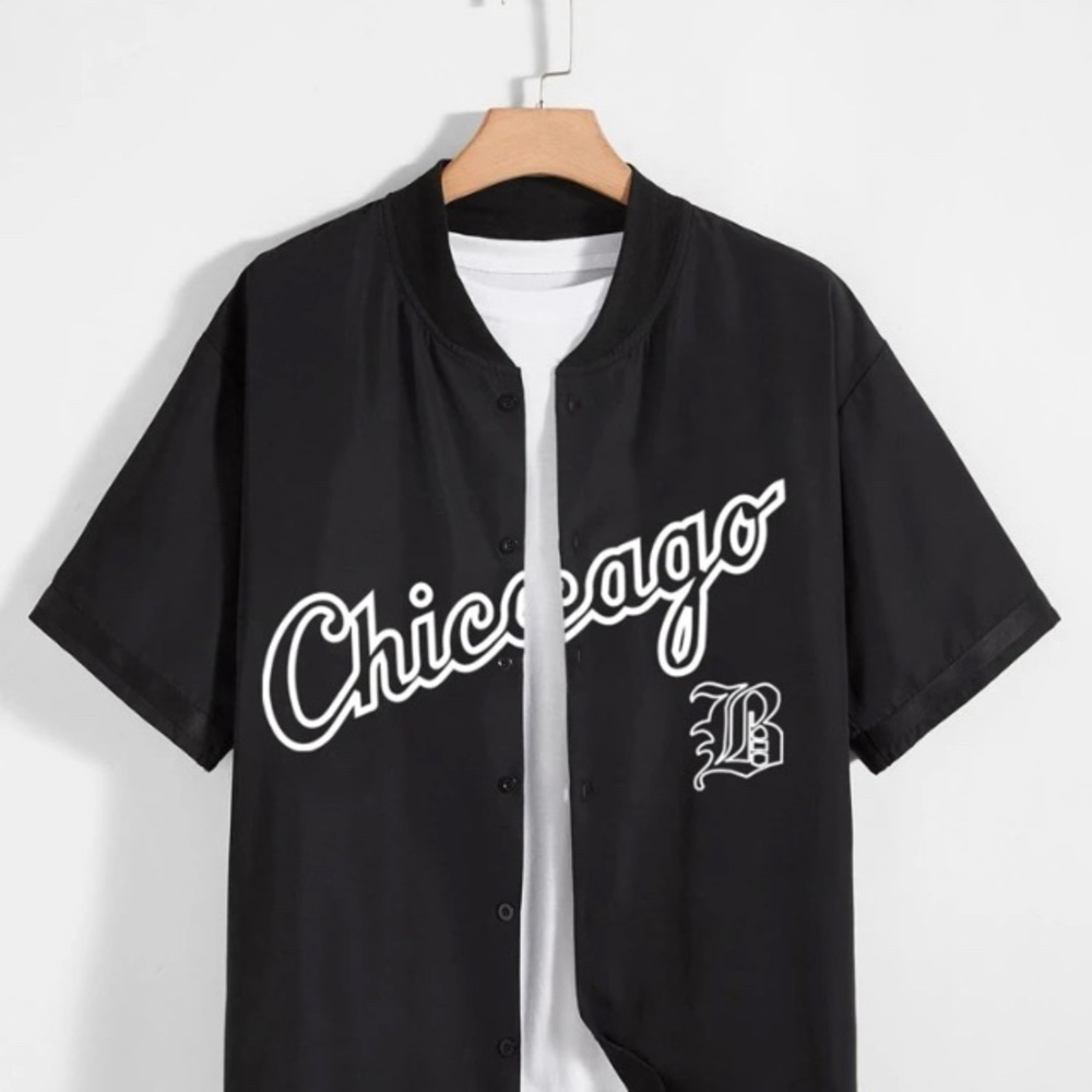 Men, letter graphic button front shirt.